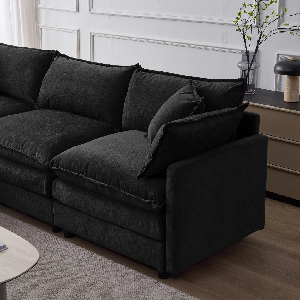 Divano angolare modulare 3 posti con pouf in ciniglia nero