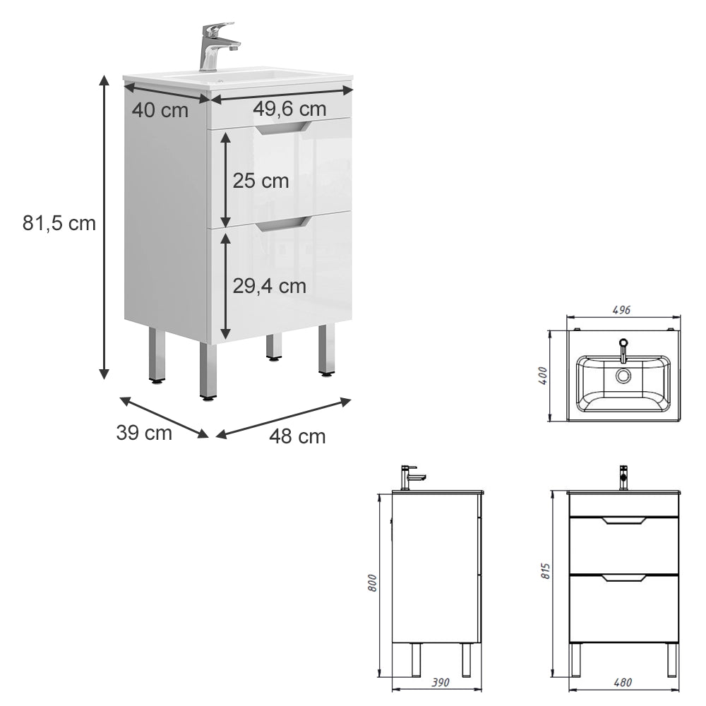 Vicco Set mobili bagno Bianco 2 parti, con lavabo e 2 cassetti