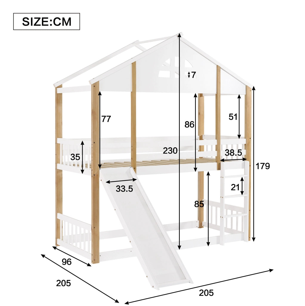 Letto a castello 90x200 cm con scivolo e scala in legno di pino e MDF bianco