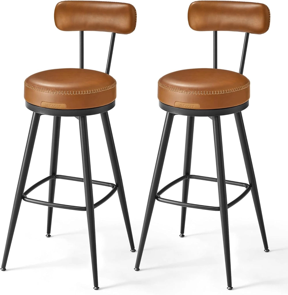 VASAGLE EKHO Collezione - Sgabelli Cucina Set da 2, Sgabelli da Bar Girevoli con Schienali, Sedie Cucina, Rivestimento con Cucitura, Moderno di Metà Secolo, Altezza 76 cm, Marrone Caramello LBC889K01