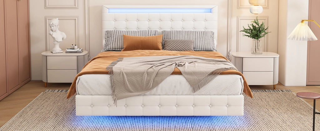 DESMIU Letto Matrimoniale 140 × 200 cm 2 Posti con LED Regolabile e Testiera Regolabile, senza Materasso, PU Bianco