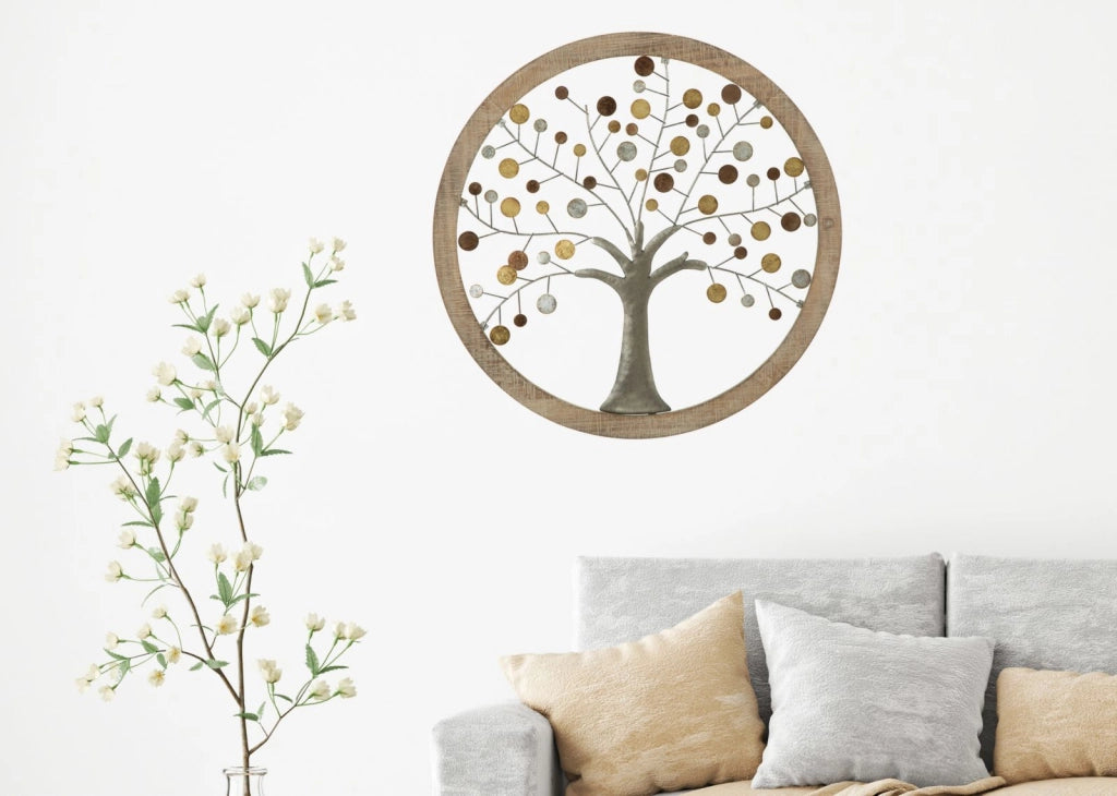 Pannello da Muro Albero della Vita Mirror Ø61x1,8 cm in Ferro e MDF Oro e Naturale