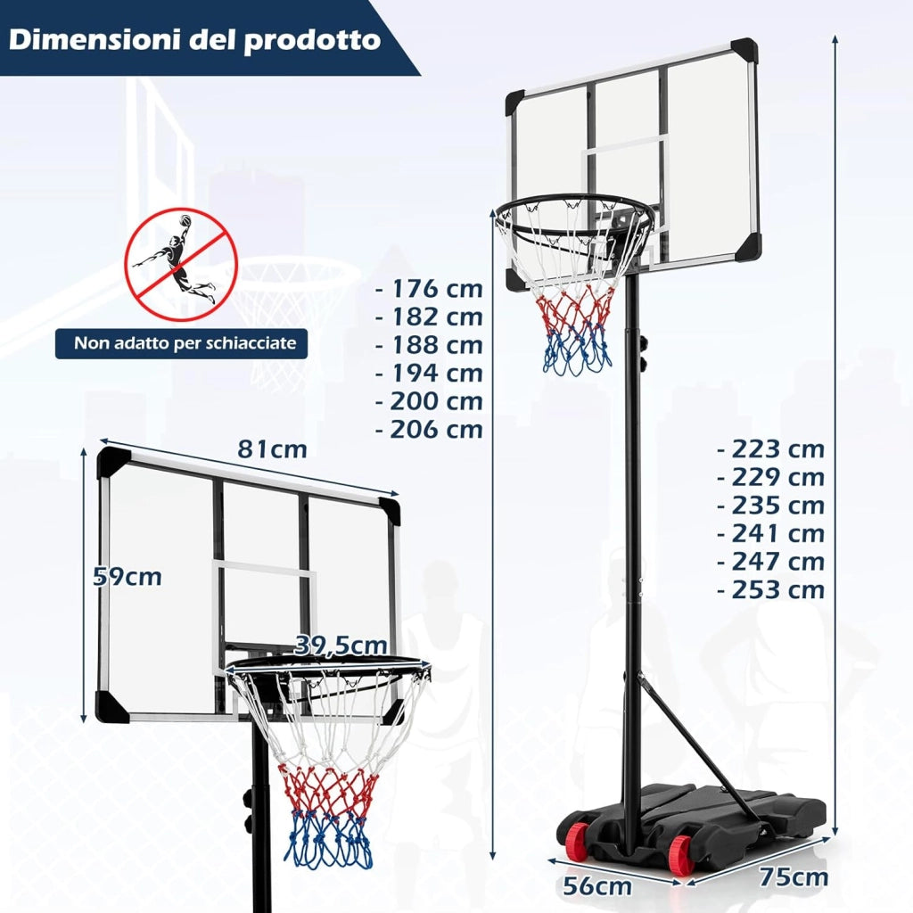 Canestro da Basket Portatile e Regolabile in Altezza 223-253 cm, Canestro da Basket da Esterno ed Interno con Tabellone Antisfondamento, Base Riempibile e Ruote