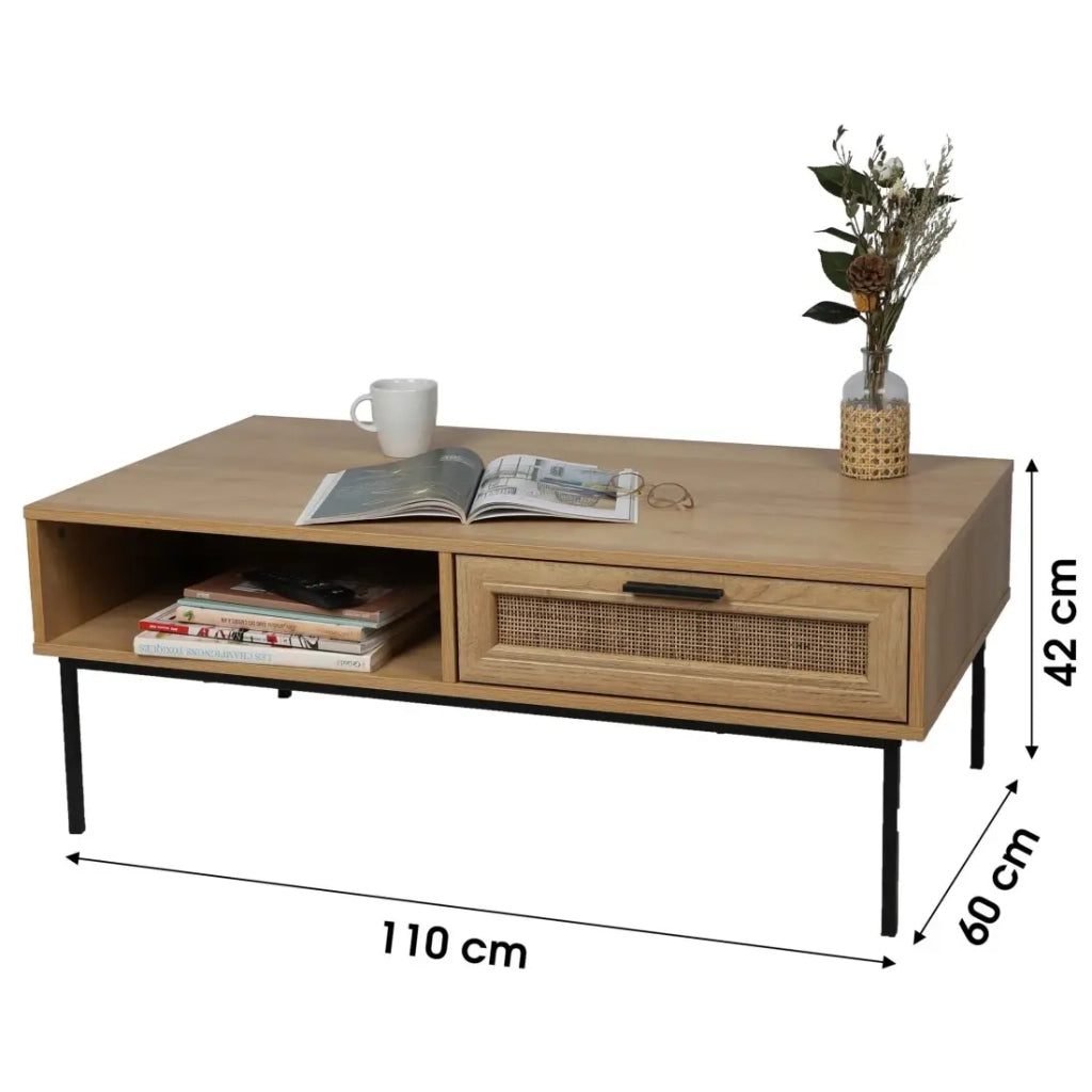 Tavolino basso rustico – Cassetto effetto iuta e nicchia, 110x60xH42 cm, colore rovere chiaro – Collezione SAVORY