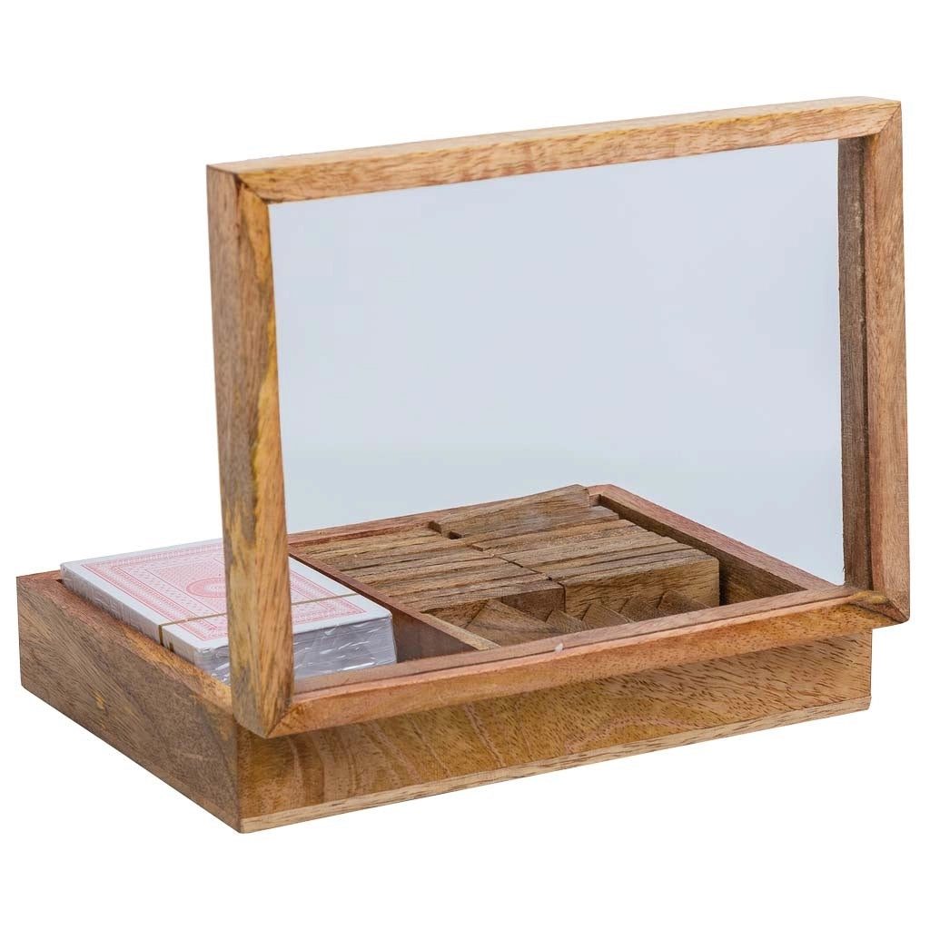 Gioco 2 in 1 (Domino+carte) in scatola di legno marrone 17x12x4h