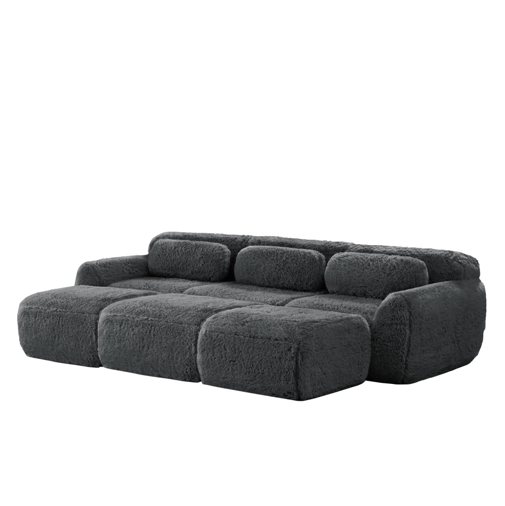 Divano modulare 3 posti con 3 pouf in peluche grigio