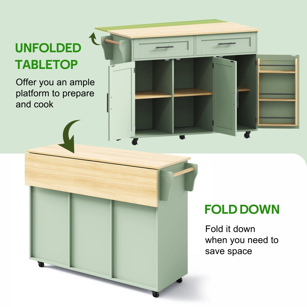 Carrello da cucina con piano ribaltabile 2 cassetti 3 vani ripiani regolabili e portasciugamani in MDF verde antico