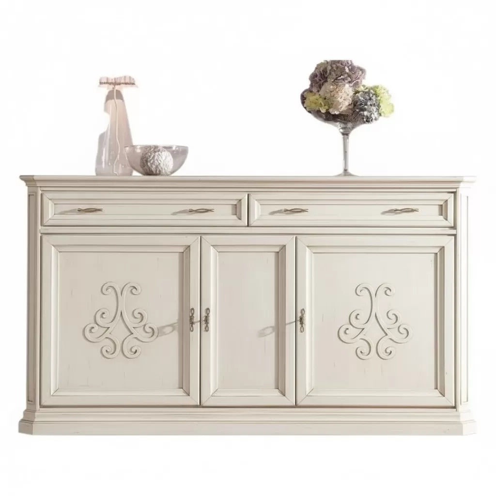 Credenza classica 3 porte 2 cassetti legno bianco anticato rilievo 196x50x110 - Mobili 2G