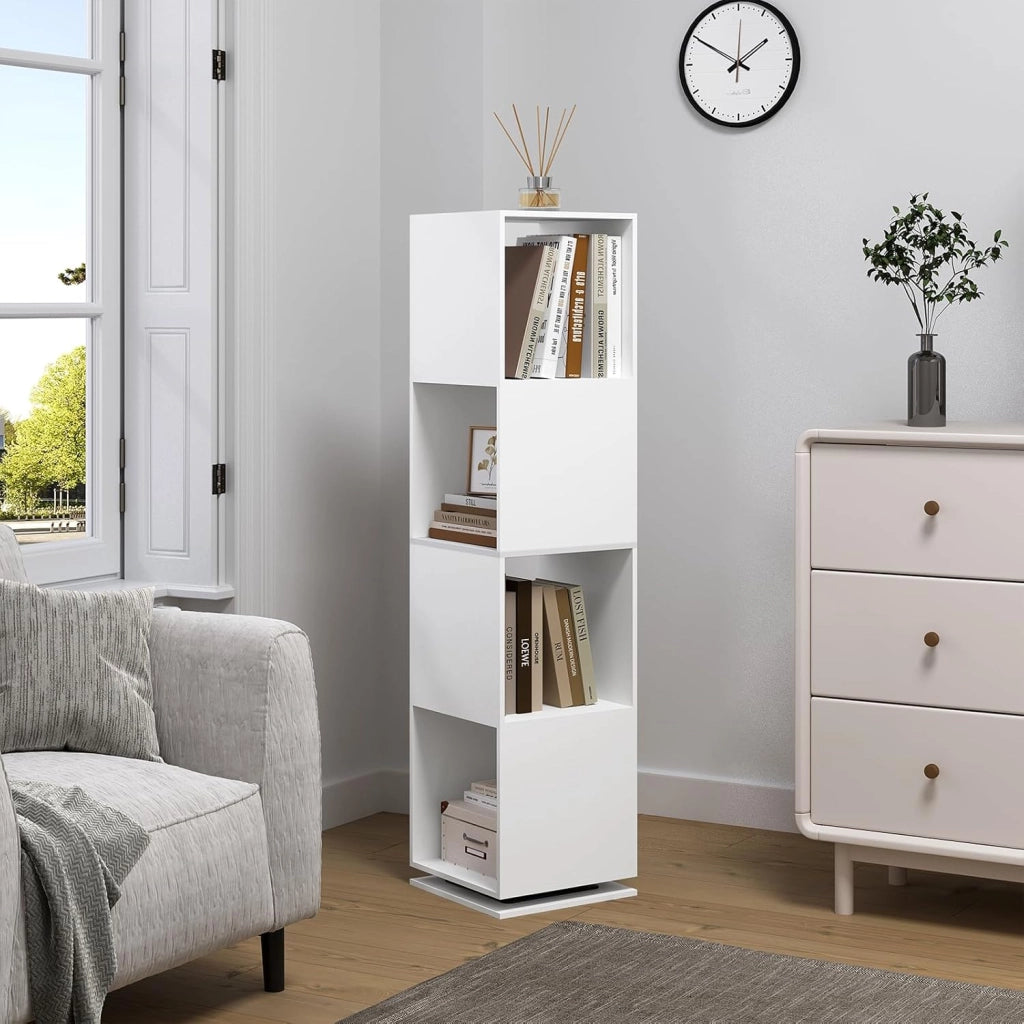 Libreria Girevole a 4 Piani, Saffale Salvaspazio, Libreria Bianca per Camera da Letto, Soggiorno, Ufficio, Studio, 35 x 145 x 35 cm