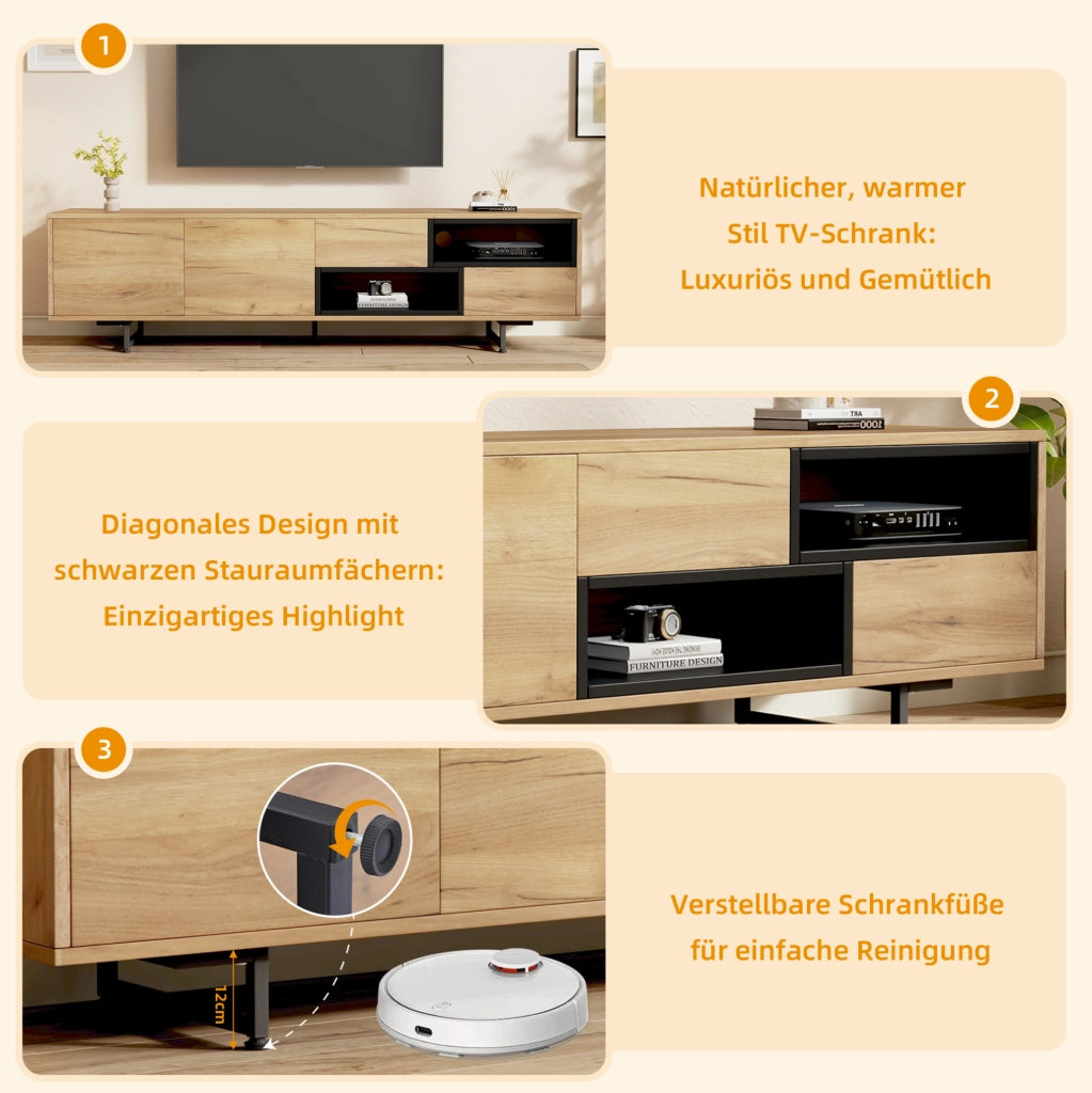 Mobile TV in truciolare effetto legno 173x38x48 cm; con vani aperti; ante e cassetti