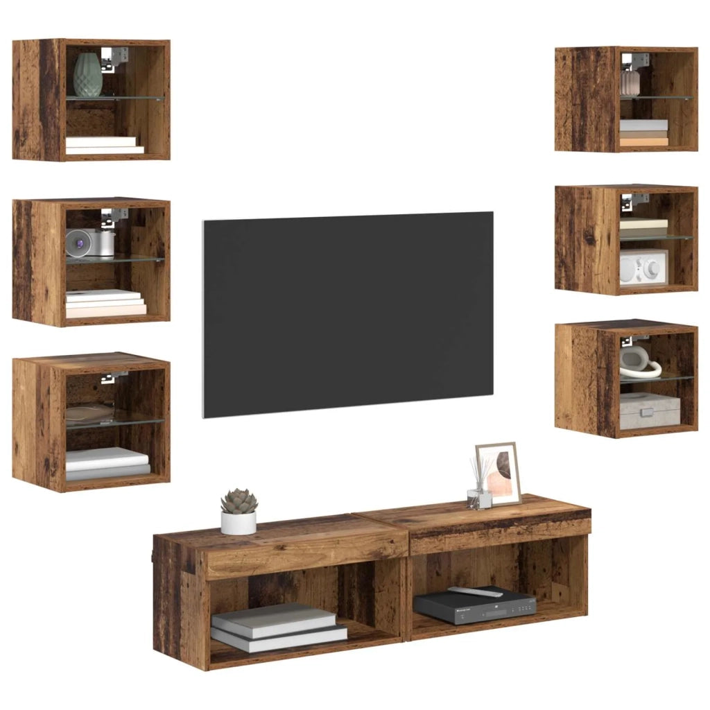 Mobile TV con luci a strisce a LED 8 pcs Legno vecchio Vetro 3402938