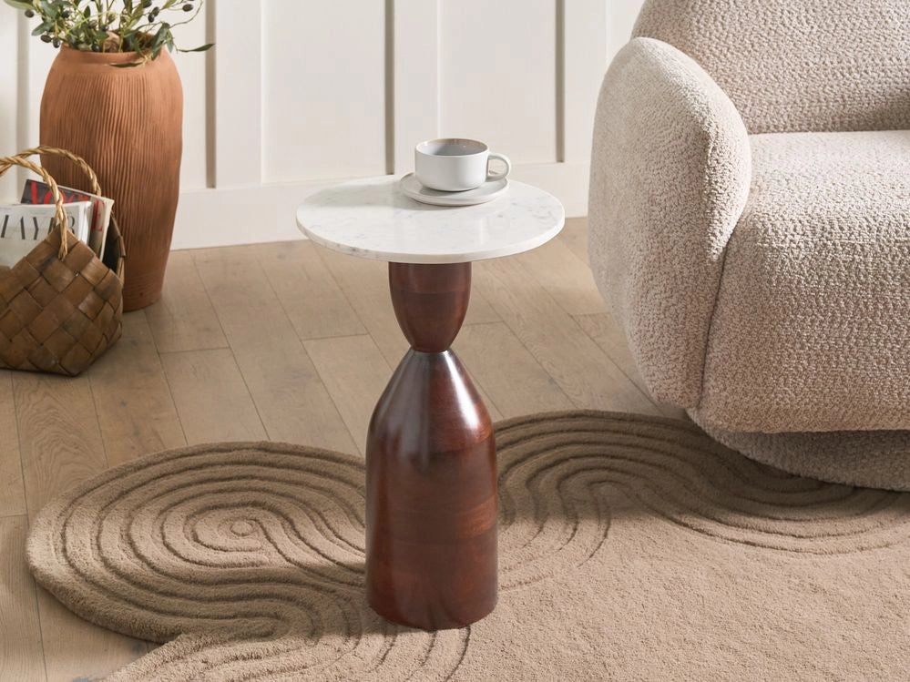 Tavolino con base in legno di mango marrone e piano in marmo Moderno soggiorno rotondo decorativo