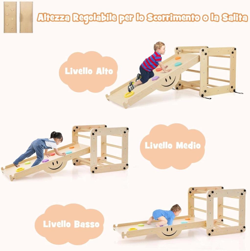 5 in 1 Set da Arrampicata per Bambini, Giochi da Arrampicata Pieghevoli in Legno con Rampe Regolabili e Reversibili, Scala da Arrampicata per Bambini 3+ Anni (Naturale)