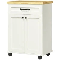 Carrello da cucina a rotelle multi-ripiani 1 cassetto 1 armadio 1 portasciugamani bianco e piano in legno