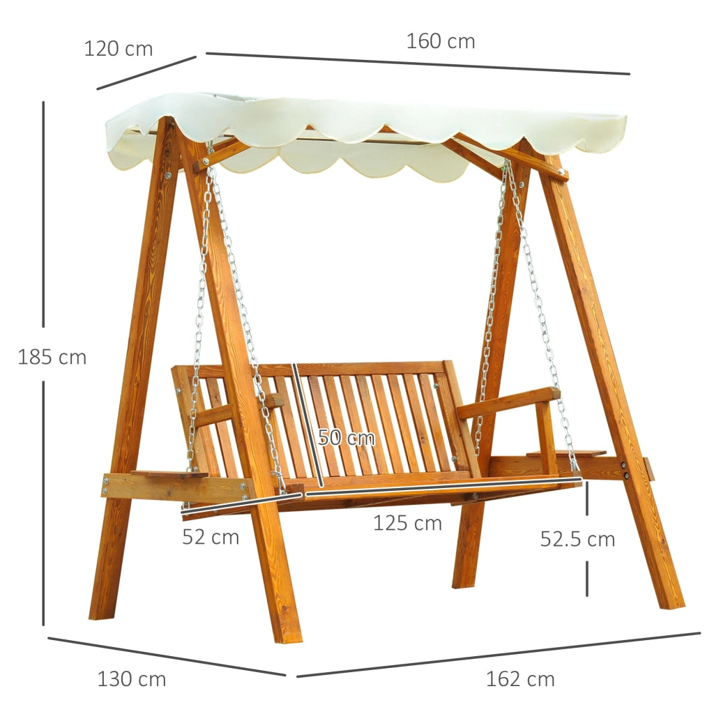 Dondolo da Giardino 2 Posti in Legno di Pino con Tettuccio Parasole Bianco
