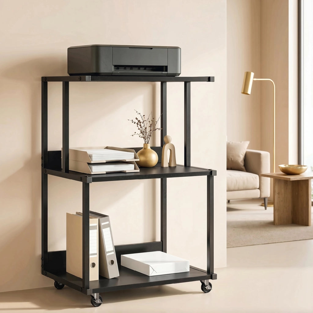 supporto stampante 3 livelli con ruote, tavolino industriale metallo ufficio, nero.