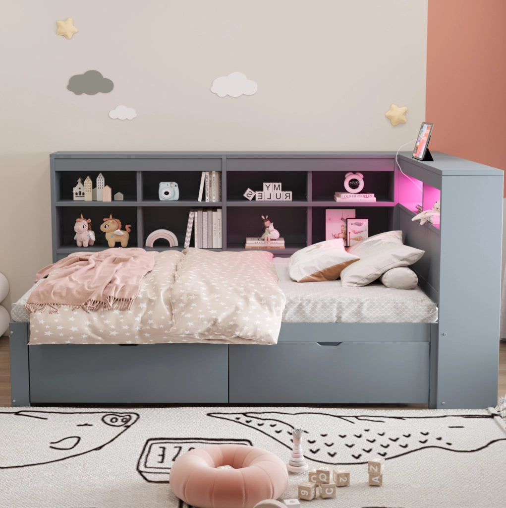 Letto singolo 90x200 cm con cassetti, USB e LED in pino, compensato e MDF grigio