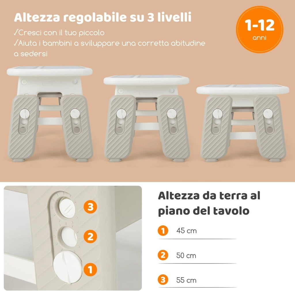 Set Tavolo e Sedia per Bambini, Tavolo e Sedia per Bambini con Mensola Ribaltabile, Lavagna Magnetica Cancellabile, Altezza Regolabile, per Camera da Letto, Sala, Giochi per Bambini