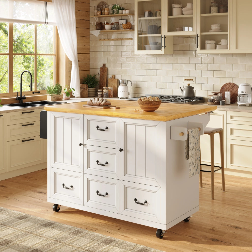 Isola da cucina mobile - Zephmum - 120x73x93 cm - Bianco/Nero - Carrello estraibile, ripiani regolabili, due ante, cinque cassetti