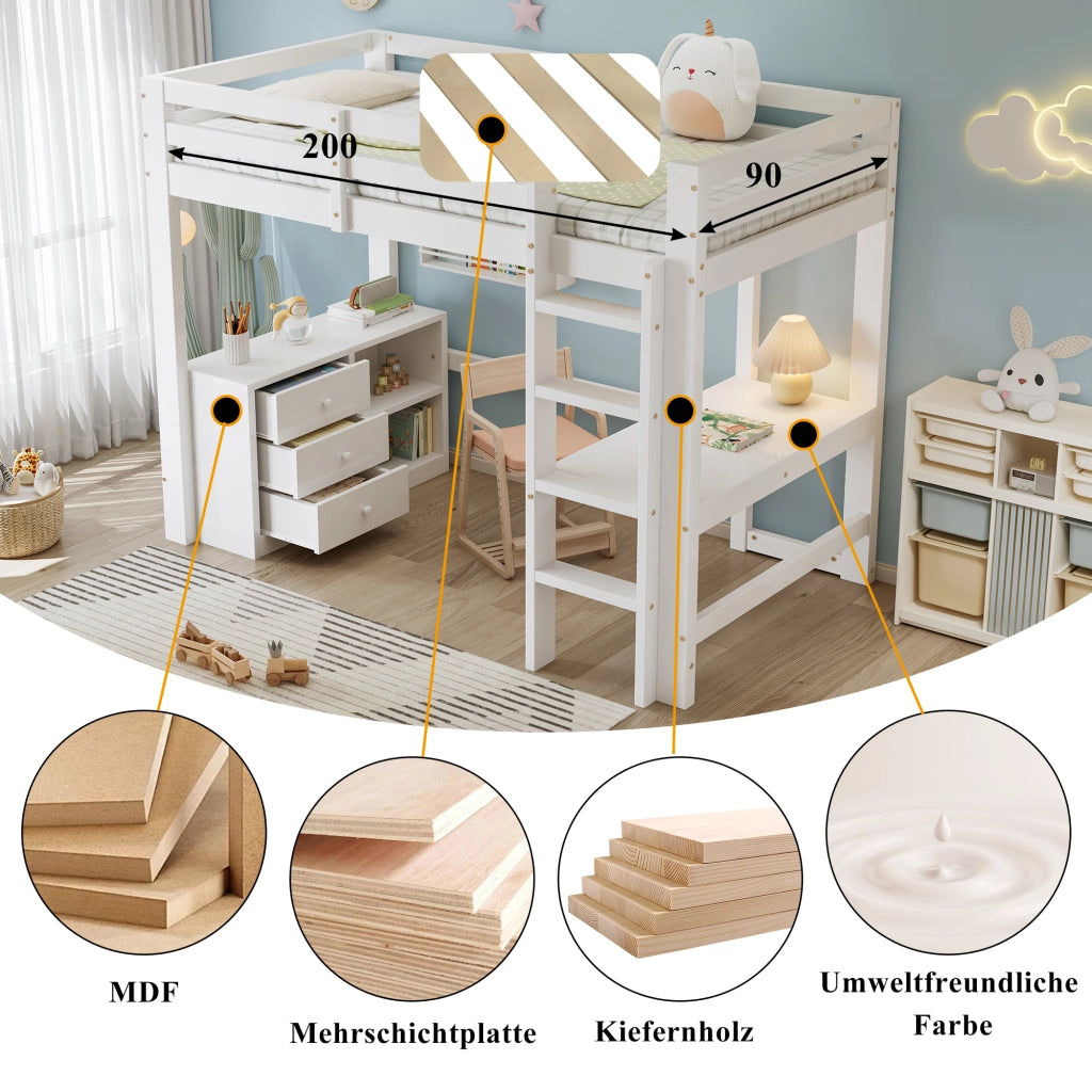 Letto a castello bianco con scrivania cassetti e scaffale in legno di pino e MDF 90x200 cm