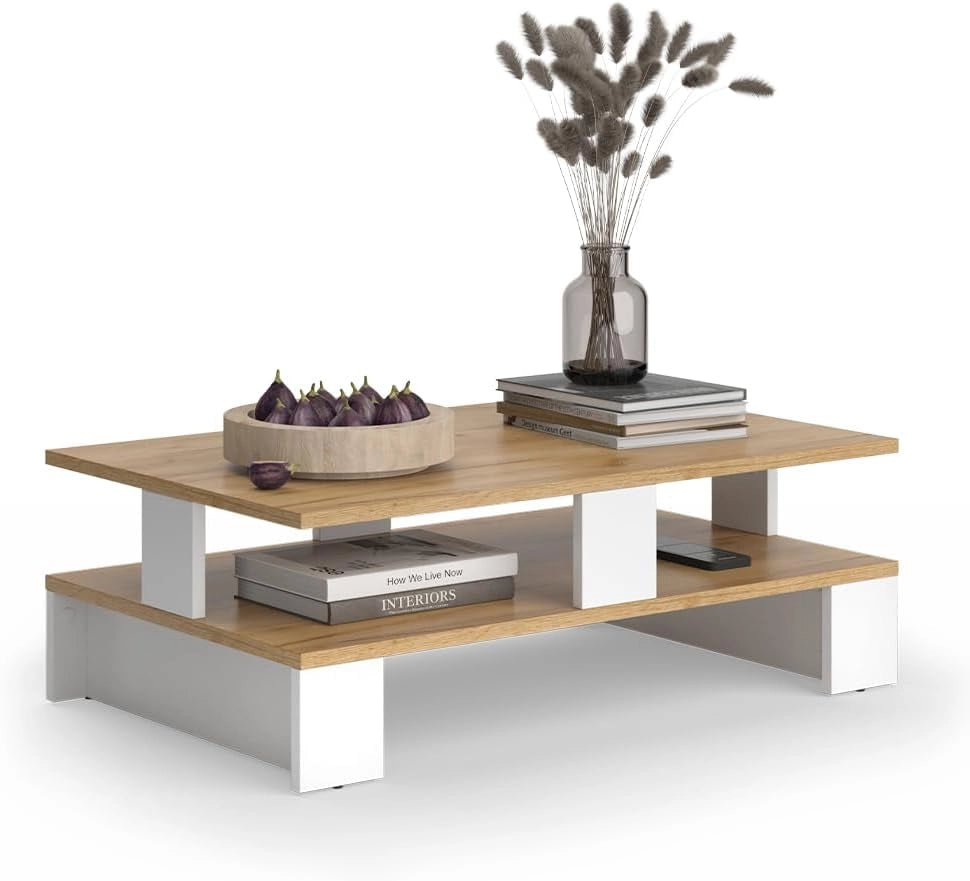 Tavolino da salotto Belina, Quercia dorata/bianco, 80 x 50 cm con due livelli