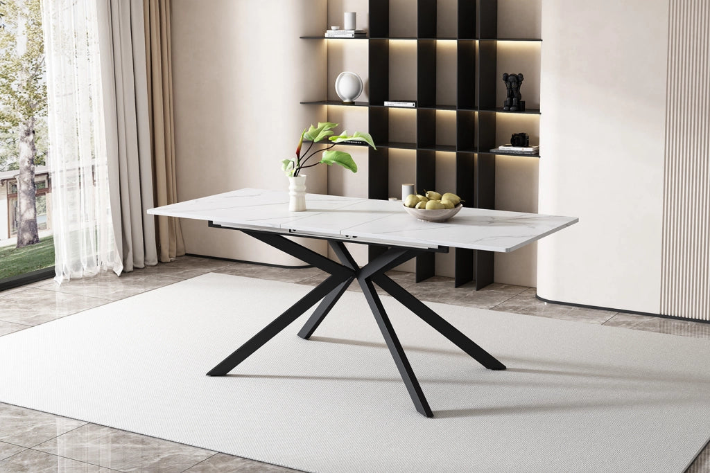 Tavolo allungabile rettangolare con struttura a croce, effetto marmo nero e bianco, 150/180 x 70 x 76 cm