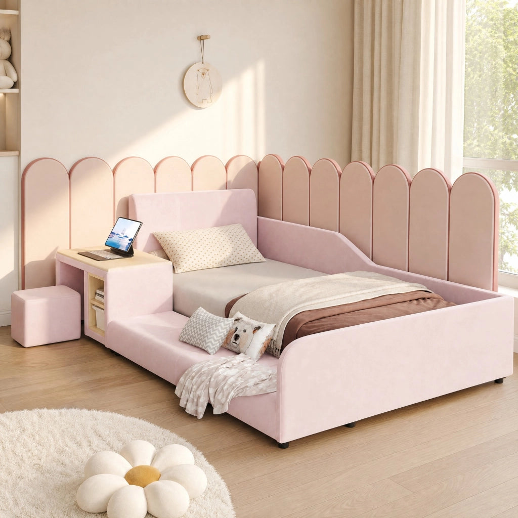 Letto per bambini 90 × 200 cm con scrivania, sgabello et ripiano, senza materasso, in velluto, rosa