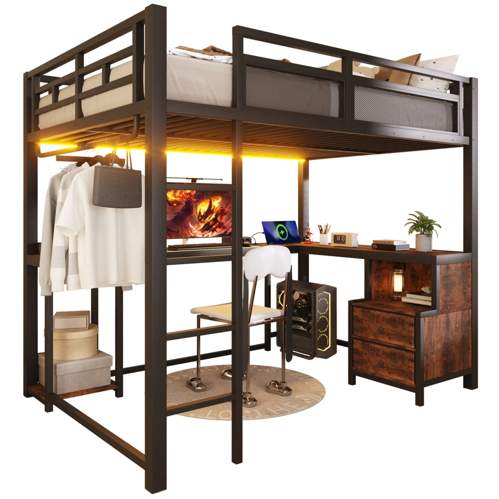 Letto a soppalco 140x200 cm con scrivania; LED e porta USB in metallo e legno nero