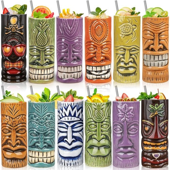 Set di bicchieri da cocktail per tiki da 12 - Bicchieri da cocktail grandi, festa hawaiana, bicchieri da cocktail esotici carini, moka hawaiana ceramica