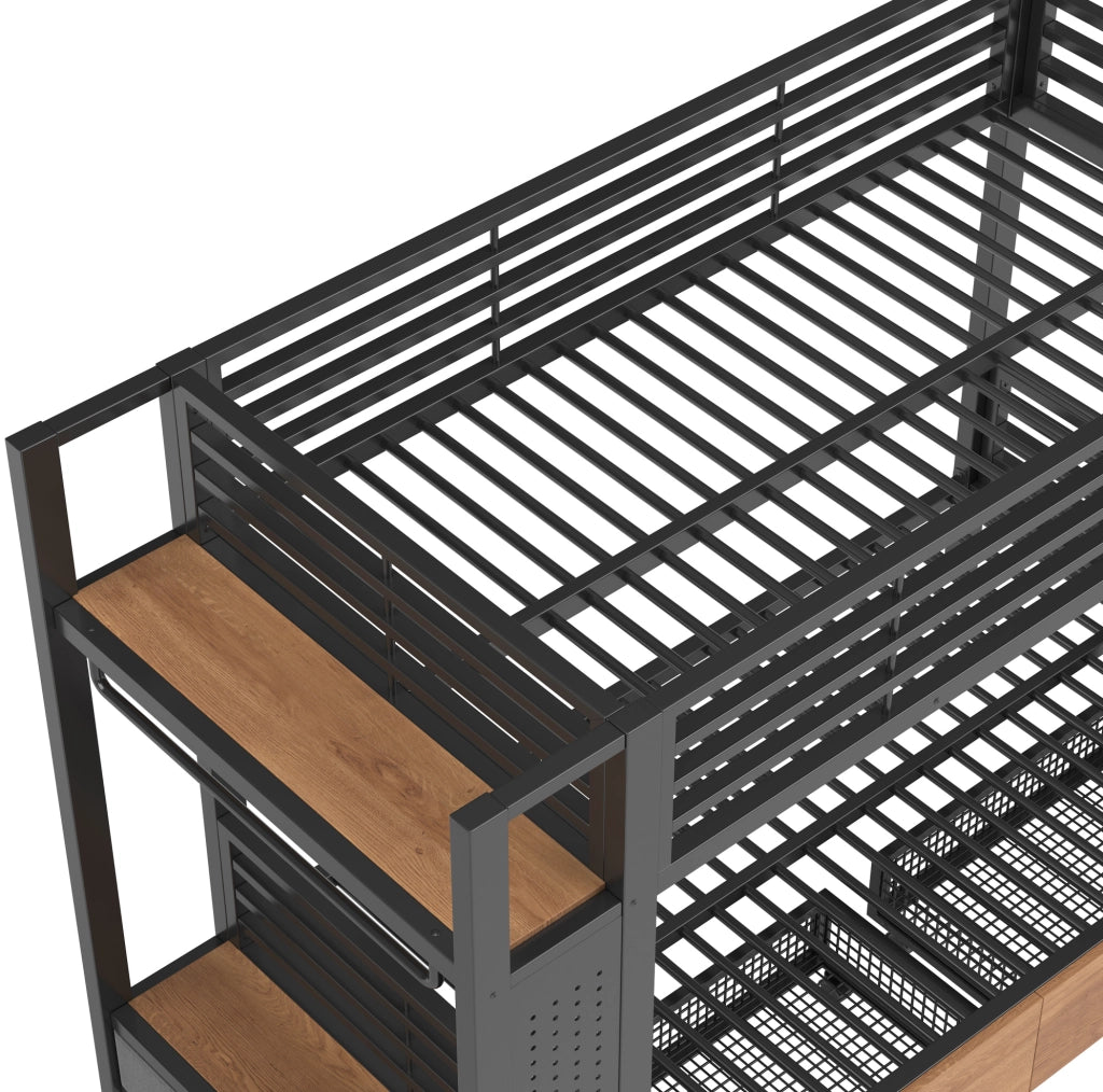 Letto a castello 90x200 cm in metallo e MDF; nero; con 2 cassetti e luce LED