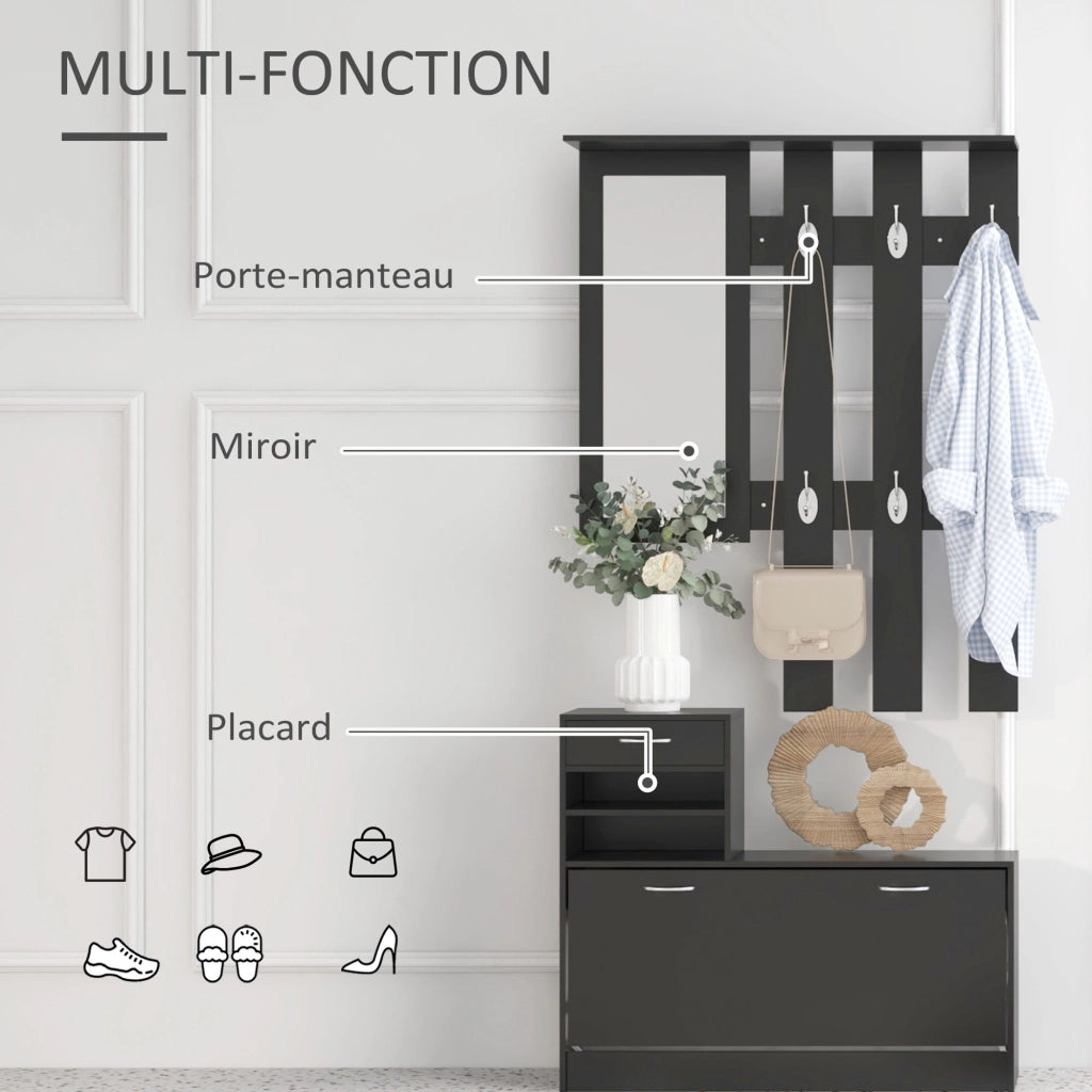 Mobile ingresso con appendiabiti, specchio e panca portascarpe ¨C Xylo ¨C 6 ganci, ripiano regolabile, nero
