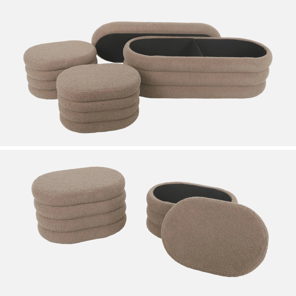 Panca contenitore con 2 pouf contenitori bouclé, talpa