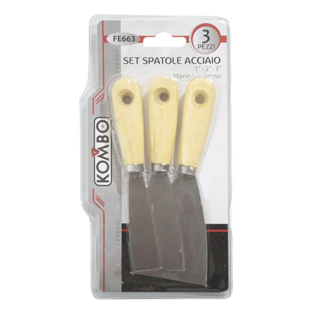 Set 3 Spatole in Acciaio Manico in Legno Misure: 25- 50-75 mm