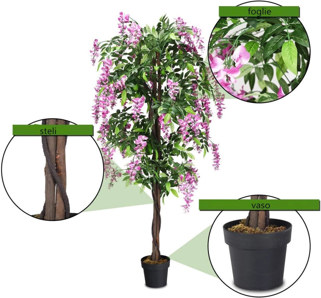 Pianta Finta da Interno da 180 cm, Albero Artificiale con Fiori Fiori Glicine Elegante in Vaso, Pianta Artificiale per Salotto, Camera da Letto e Balcone