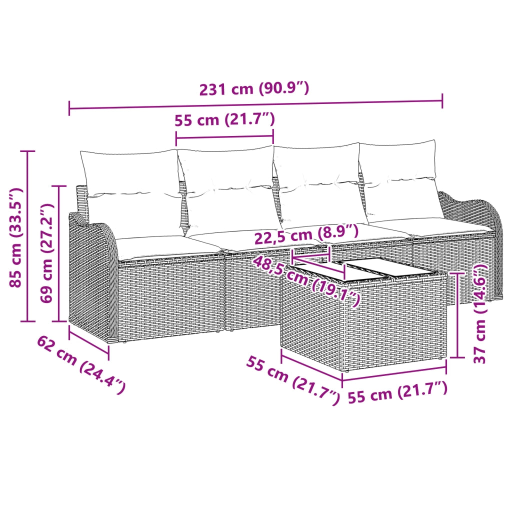 Set di 5 Pezzi Divano da Giardino con Cuscini Grigio Chiaro in Rattan Sintetico