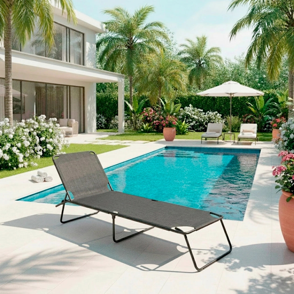 Coppia Di Lettini Pieghevoli Prendisole Senza Tettuccio Parasole Schienale Reclinabile Regolabile Struttura In Metallo Nero Sedia Sdraio Per Spiaggia Giardino Piscina 187 x 53 x 24 Cm Grigio Scuro