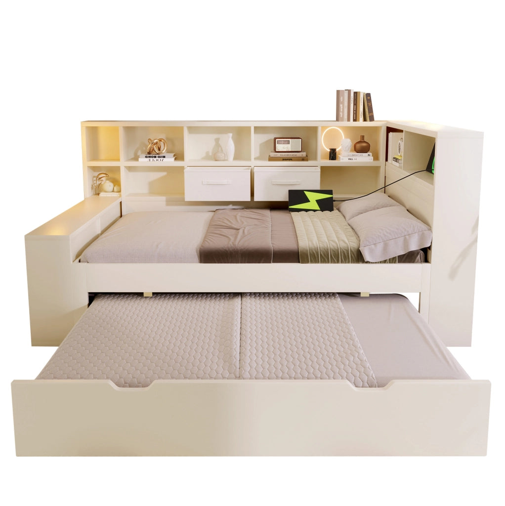 Letto singolo 90x190 con letto estraibile, USB/Type-C e vani portaoggetti, bianco