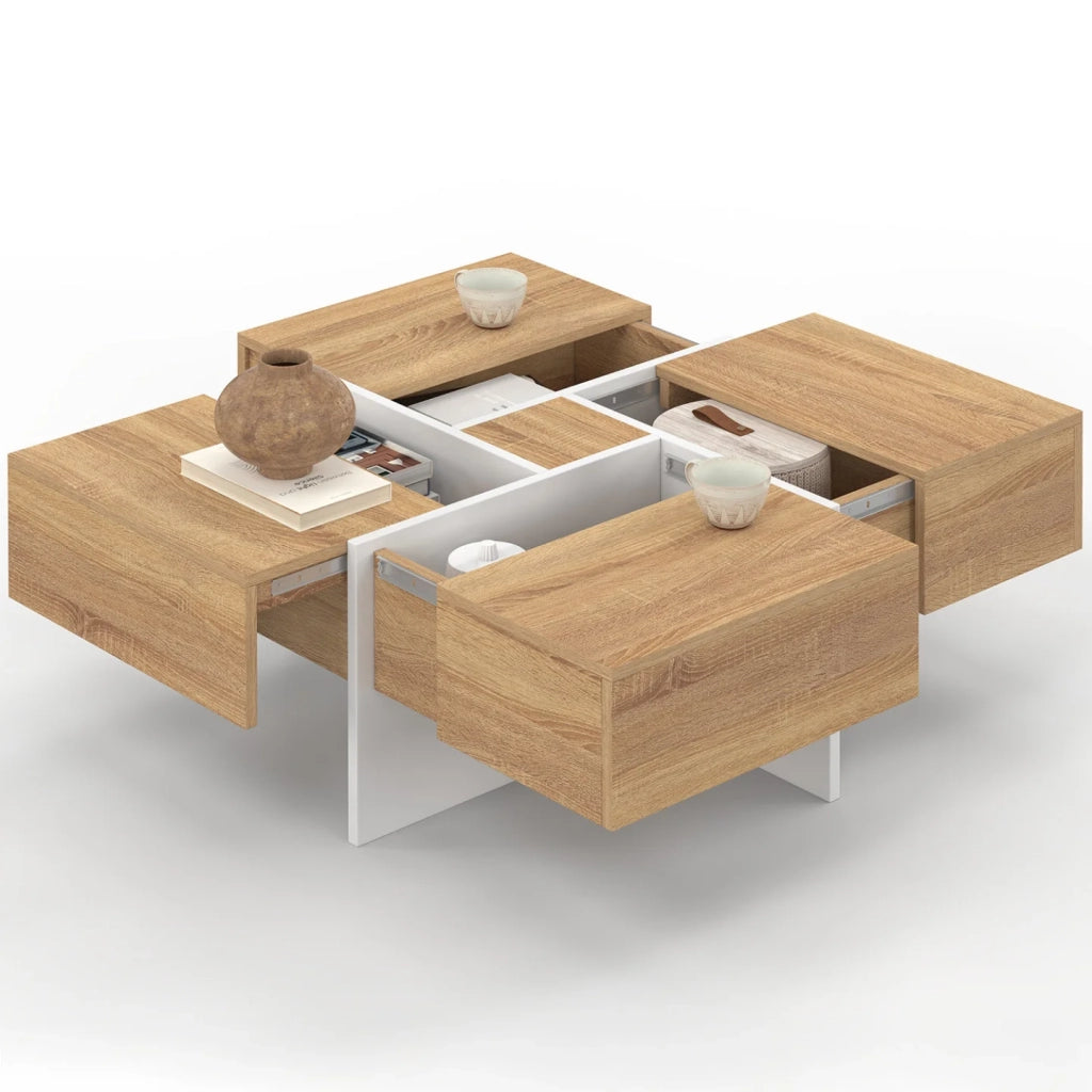 IDMarket - Tavolino quadrato TALIA 70 cm con cassetti in legno e bianco