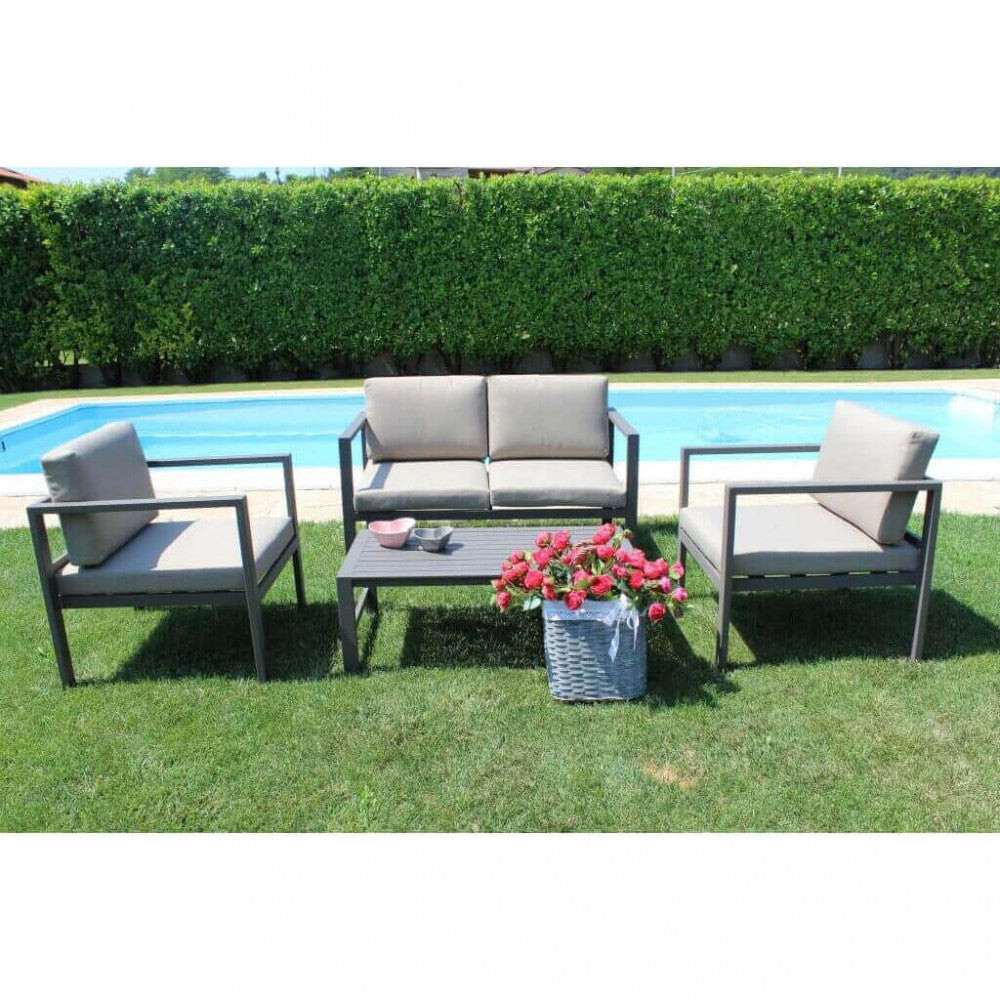 Set Salotto da Giardino Divano 2 Poltrone e Tavolino con Cuscini in Alluminio Taupe