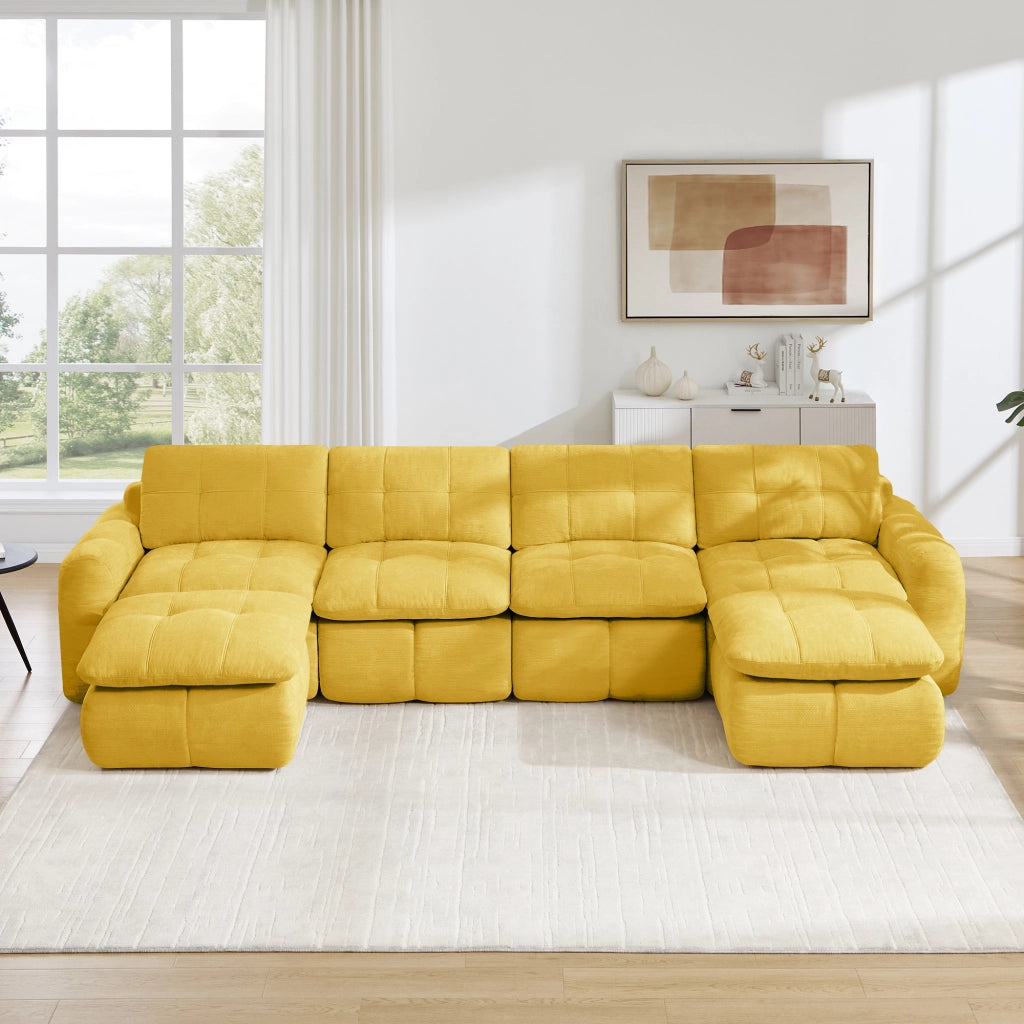 Divano modulare a U in chenille con seduta ampia e profonda senza montaggio per soggiorno giallo 334 × 160 × 68 cm