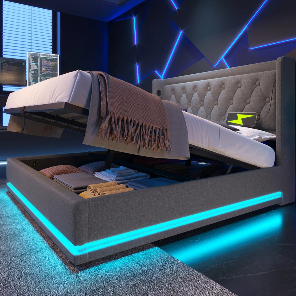 Letto contenitore imbottito 140x200 cm grigio in cotone con testiera USB Type-C e LED