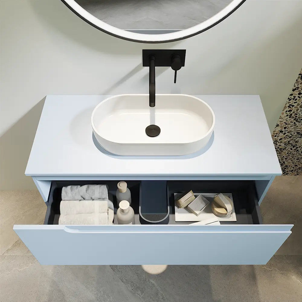 Mobile bagno sospeso 60 cm un cassetto color carta da zucchero con top  | Moor
