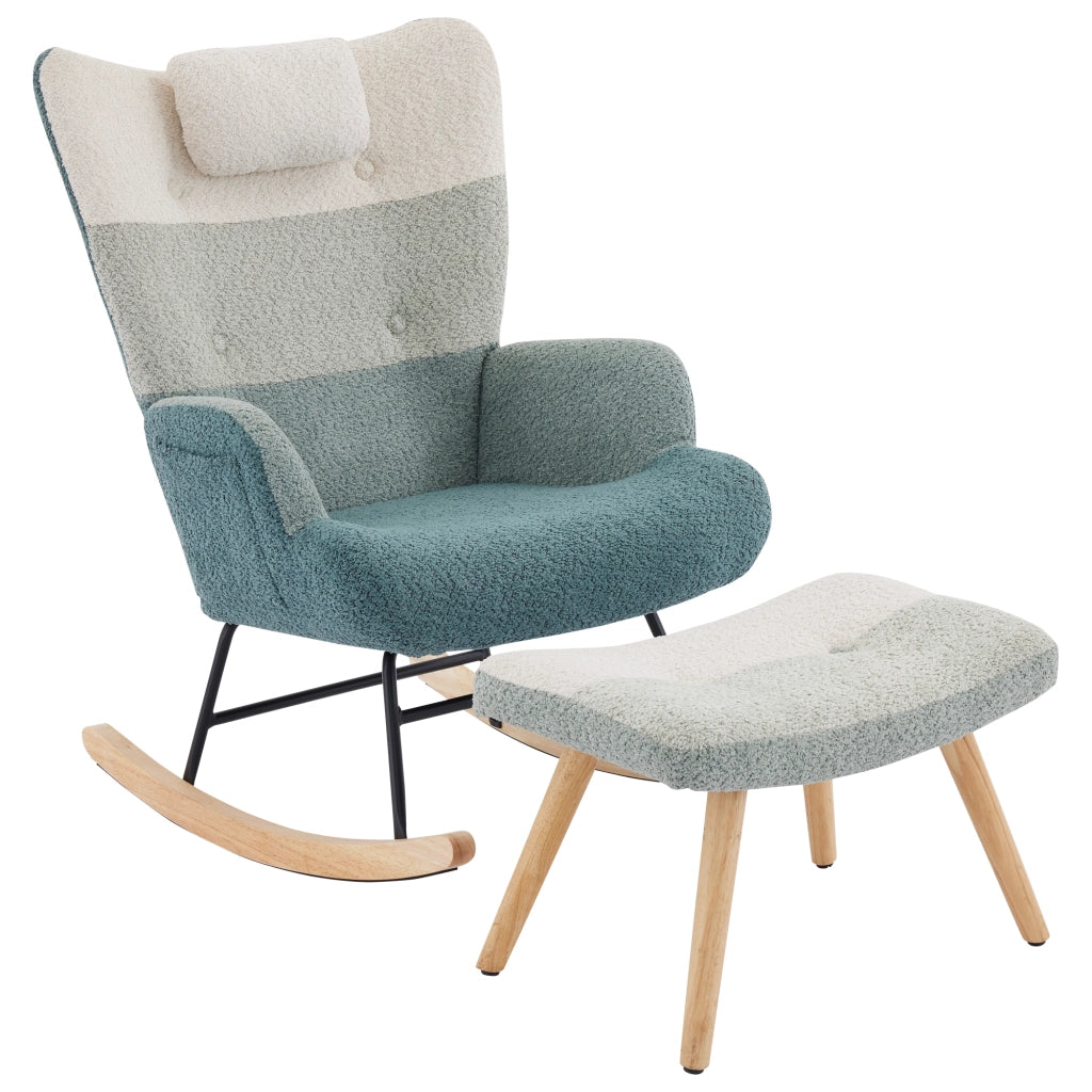 Poltrona a dondolo in bouclé con schienale alto, tasca laterale e struttura in metallo e legno multicolore 83 × 65,5 × 95 cm
