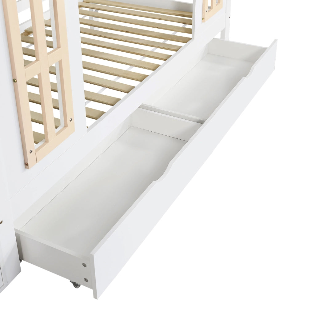 Letto a castello 90x200 cm, letto per bambini, spazio contenitivo, 2 cassetti, in MDF, bianco