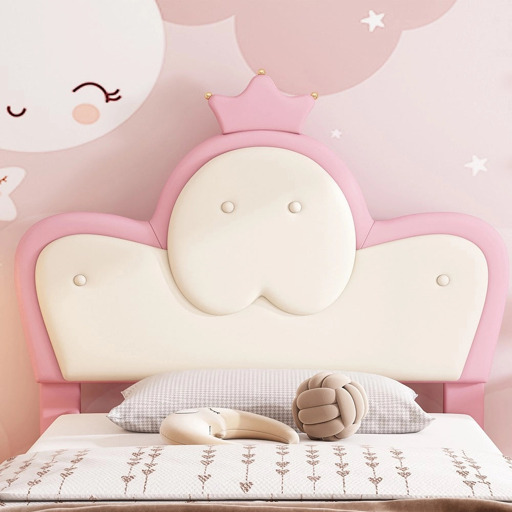 Letto Imbottito Singolo con LED e Testiera a Corona ¨C MINIMAL ¨C Rosa/Bianco, PU, 90x200 cm