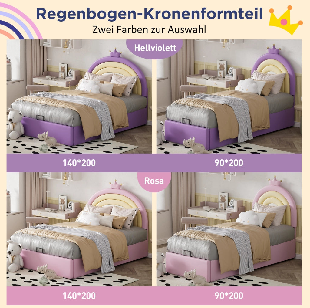 Letto imbottito singolo 90x200 cm in PU rosa; testiera regolabile e rete a doghe