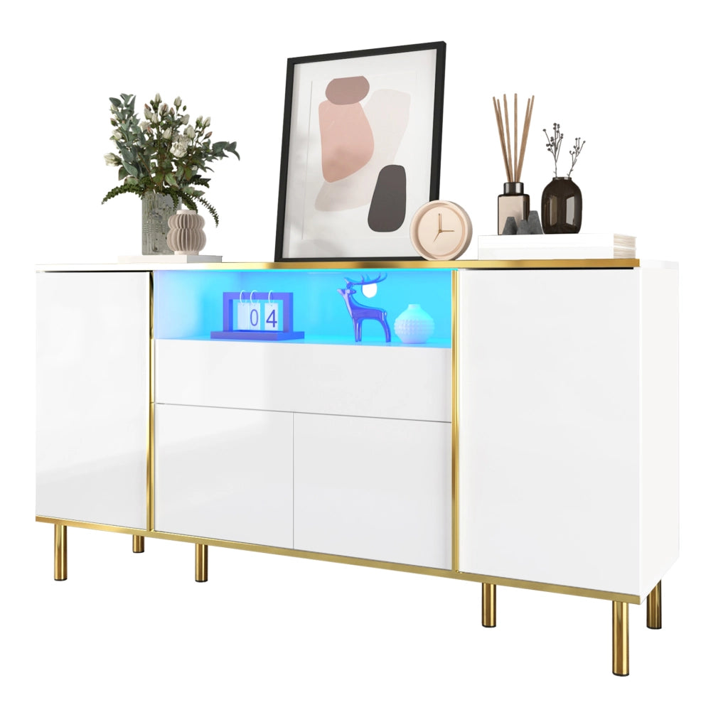 Credenza bianca lucida con LED e dettagli oro