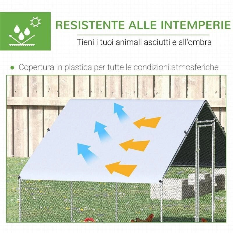 POLLAIO DA GIARDINO CON TELAIO ZINCATO, COPERTURA IMPERMEABILE E RETE ESAGONALE, 3X2X2M, ARGENTO