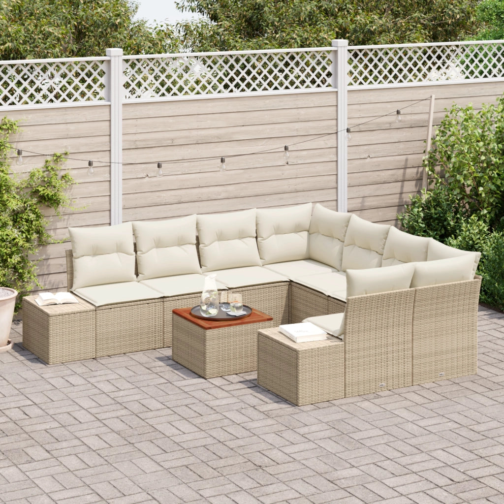 Set di Divani da Giardino da 9 Pezzi con Cuscini Beige in Polyrattan e Acacia