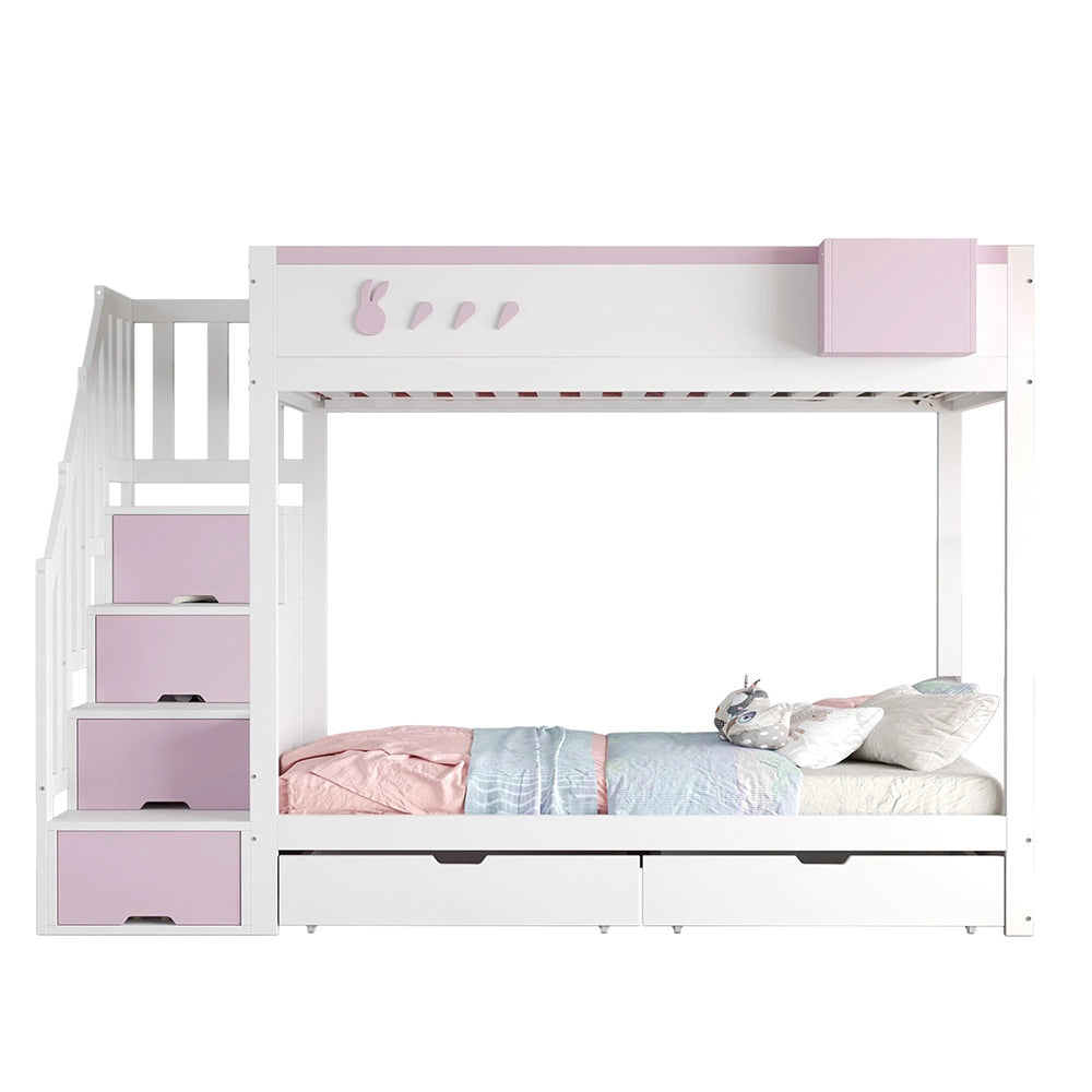 Letto a castello-Xylo-90x200cm, motivo conigli, cassetti, bianco+rosa